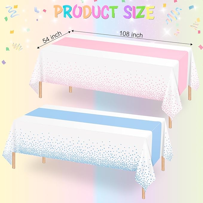 WNINK 2 Pack Pink and Blue Tablecloths, Gender Reveal Disposable Plastic Waterproof Table Cover for Boy or Girl Gender Reveal Party, Baby Shower, Birthday Party Decorations 54" x 108"
