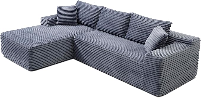 95" L Shaped Boneless Sectional Couches, Wide Armrest, Deep Seat, Memory Foam, Assembly Free, Modern Comfy Corduroy Fluffy Cloud Sofa with Left Chaise for Living Room, Small Spaces, Grey
