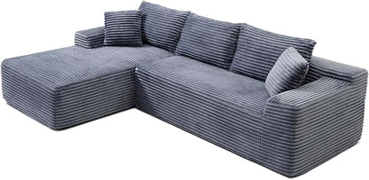95" L Shaped Boneless Sectional Couches, Wide Armrest, Deep Seat, Memory Foam, Assembly Free, Modern Comfy Corduroy Fluffy Cloud Sofa with Left Chaise for Living Room, Small Spaces, Grey