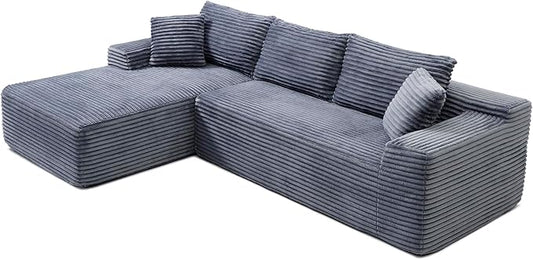 95" L Shaped Boneless Sectional Couches, Wide Armrest, Deep Seat, Memory Foam, Assembly Free, Modern Comfy Corduroy Fluffy Cloud Sofa with Left Chaise for Living Room, Small Spaces, Grey