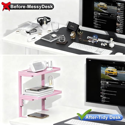 Spacrea clamp on Desk Shelf, 2 Tier Office Desk Shelves Organizer, Wood Desktop Supplies Storage Rack, Desk Organizers and Accessories (Pink)