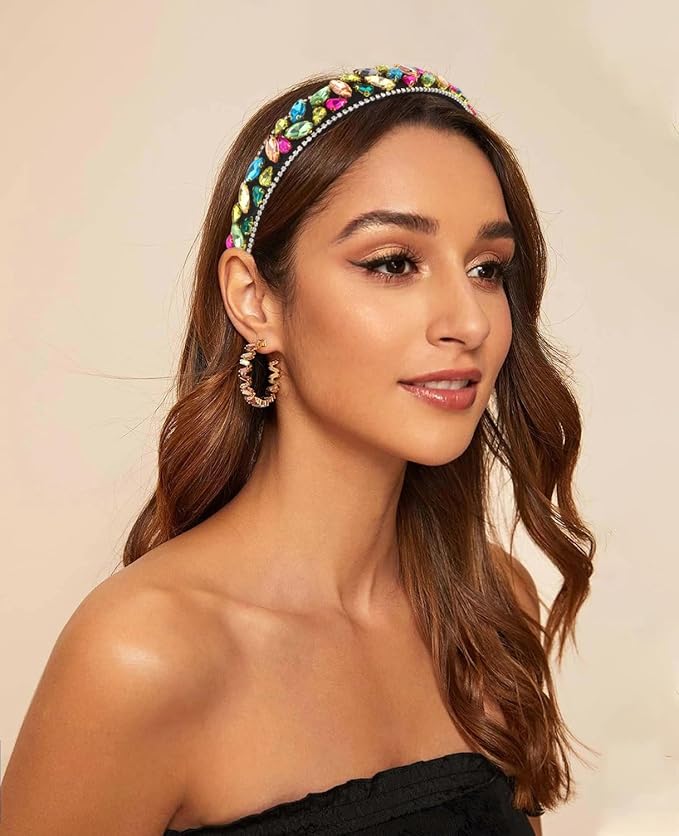 Wecoe Rhinestone Headband Women Vintage Multi-colored Non Slip Fashion Bling Sparkly Diamond Headband Halloween Renaissance Costume Hair Accessories For Women Girls Holiday Birthday Gift