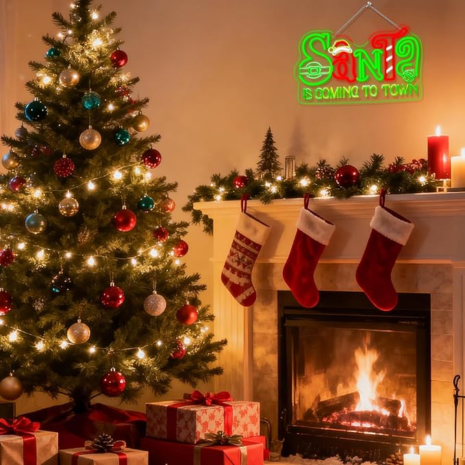 Horseneon Christmas Neon Sign Christmas Light Santa is Coming to Town Neon Sign Bright LED Wall Decoration for Home Shop Bar Santa Claus Neon Signs