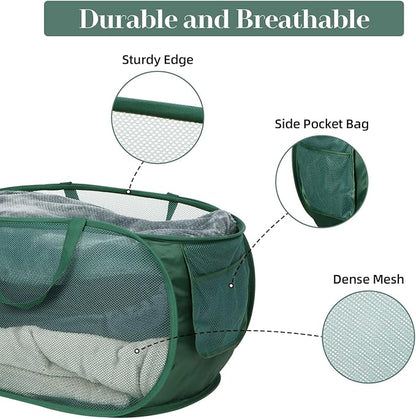 Sturdy Mesh Pop Up Laundry Hamper, Collapsible Laundry Baskets with Side Pocket, Foldable Clothes Hamper with Reinforced Carry Handles for Laundry, Bathroom, Kids Room, Dorm or Travel Emerald