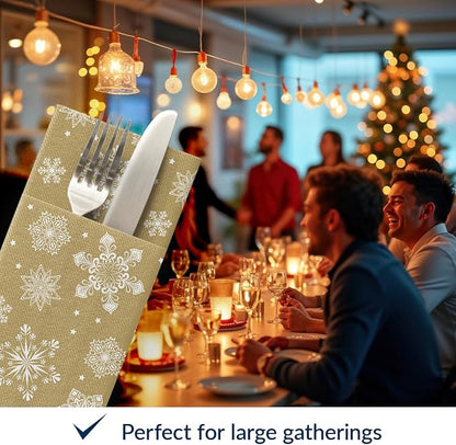 PAW - Christmas Linen Feel Napkins with Built-in Flatware Pocket, Gold Absorbent Pre-Folded Dinner Napkins with Snowlakes, Guest Towels for Xmas Dinner, Winter Holiday, Decorative Towel, 50 Count