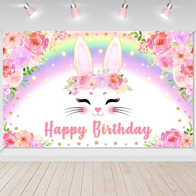Avezano Bunny Birthday Banner Pink Floral Rainbow Bunny Happy Birthday Party Decorations Bunny Birthday Banner Decorations for Girls Rabbit Spring Easter Birthday Party Supplies 70.8 x 43.3 Inch