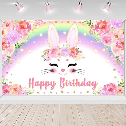 Avezano Bunny Birthday Banner Pink Floral Rainbow Bunny Happy Birthday Party Decorations Bunny Birthday Banner Decorations for Girls Rabbit Spring Easter Birthday Party Supplies 70.8 x 43.3 Inch