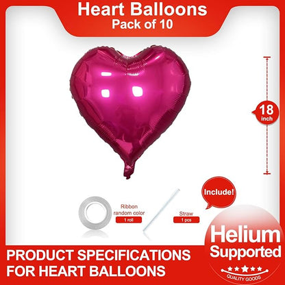 Hot Pink Heart Shaped balloons Pack of 10,18 Inch Vibrant Pink Love Valentine Balloons Heart Romantic Balloons For Valentines Day Propose Marriage Wedding Bridal Shower Engagement Party Decorations
