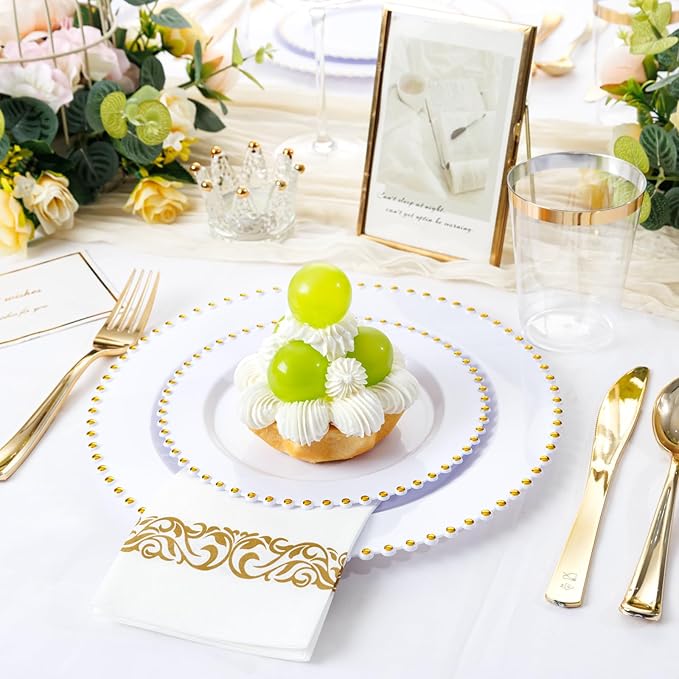 LIYH 350 Pcs White and Gold Plastic Plates - Elegant Disposable Gold Plastic Dinnerware set Include Dinner & Dessert Plates Cups Napkins for Birthday Party Wedding 50 Guests