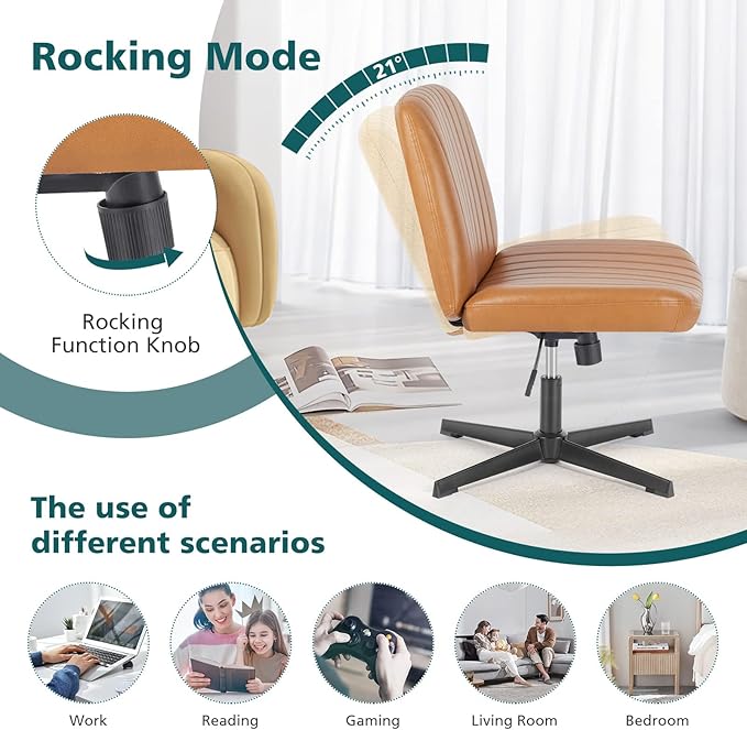 OLIXIS Criss Cross Legged Chairs Armless No Wheels Wide Seat Height Adjustable Swivel Padded PU Leather Home Office Desk Seating for Bedroom, Student, Study Room