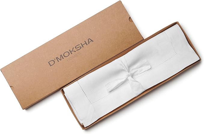 D'Moksha Homes White Linen Placemats Set of 6 - Classic Hemstitch Placemats 14 x 19 Inch - 100% Pure Linen Table Mats for Winter, Christmas, Holiday - Handcrafted and Machine Washable