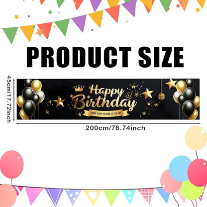 Nuxovilar Happy Birthday Banner Decorations 17.72x78.74 Inch Black Gold Crown Theme - Polyester for Indoor Outdoor Birthday Party Decor