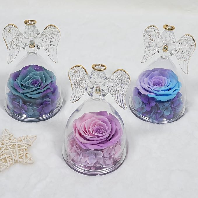 Miofula Angel Rose Birthday Gifts for Mom, Preserved Flower Rose in Glass Angel Figurines, Forever Real Rose Gift for Women Mom Grandma, Angel Gifts for Her Wife on Valentines Anniversary Mother's Day
