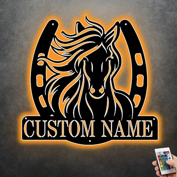 Personalized Name Horse Lamp Custom Wooden/Metal Horse Night Light Horse Wall Art LED Horse Light Farmhouse House Sign Horse Themed Gifts for Girl Birthday Christmas(Name Horse Sign)
