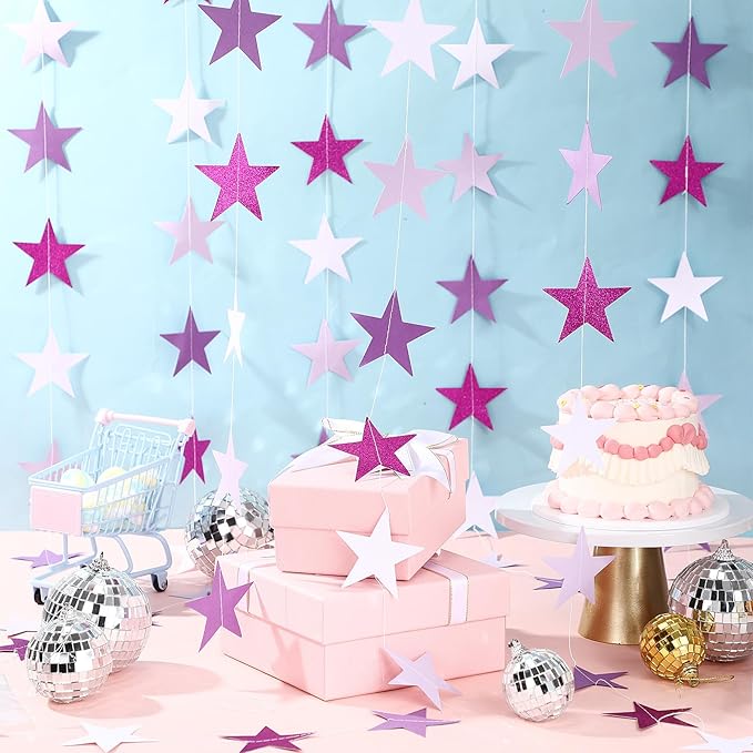 Patelai Glitter Star Garland Banner Christmas Decor 130 Feet Star Hanging Banner Twinkle Backdrop for Homecoming Classroom Wedding Birthday Halloween Party Supplies(Purple,White)