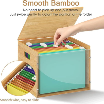 Acrylic File Organizer with Lid, Bamboo File Box with Handle, Hanging File Folder Organizer, Portable Filing Organizer File Crate Storage Box for Home Office Classroom, Letter Size