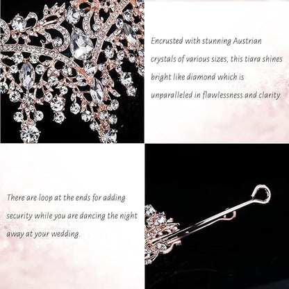 TOBATOBA Crystal Wedding Tiara for Women Rose Gold Crown Royal Queen Headband Metal Princess Bride Quinceanera Headpieces Birthday Prom Pageant Halloween Costume Cosplay