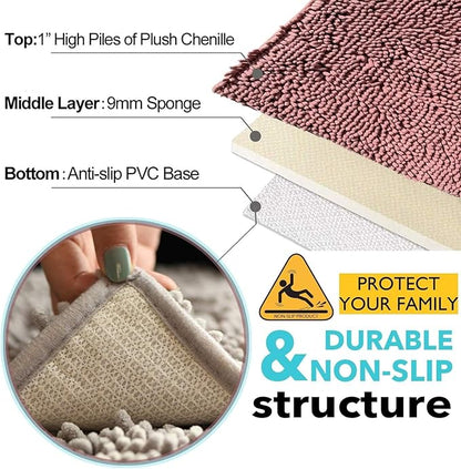 Chenille Bathroom Rugs Set 3 Piece Bath Mats for Bathoom Non-Slip Luxury Bathroom Rug Extra Soft and Absorbent Shaggy Rugs Washable Dry Plush Area Carpet