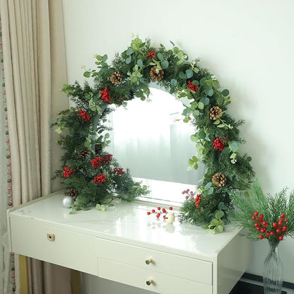 Christmas Garland,Artificial Pine Cypress Garland with Berry and Pinecone,Christmas Greenery Garland for Mantle,Table,Stair Handrail,Indoor,Outdoor Christmas Decorations(5.9FT