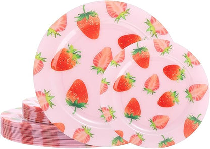 WELLIFE 20PCS Strawberry Plates – Pink Plastic Dinner & Dessert Plates (10×9.2" + 10×6.3"), Girls Birthday Party Plates, Baby Shower Tableware & Berry First Birthday Decorations
