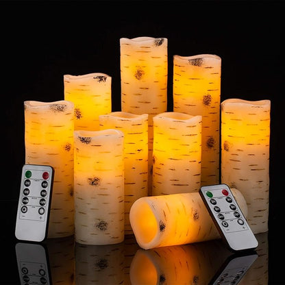Flameless Flickering LED Candles with Birch Bark Effect - Set of 9 Battery-Operated Real Wax Pillar with 10-Key Remote Control - 2/4/6/8 Hour Timer