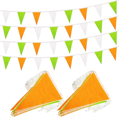 100 Ft White Green Orange Pennant Banner Flag, 60 Pcs String Hanging DIY Bunting Flags for Party, School, Birthday, Wedding, Carnival, Celebrations, Outdoor and Indoor Decorations (White Green Orange)