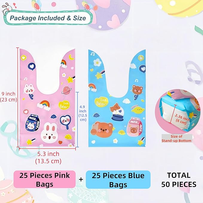 FERENLI 50 Pack Reusable Easter Gift Bags with Bunny Ears Goodie Treat Plastic Snack Candy Bags for Rabbit Bunny Birthday Party Favor Supplies (2 Mixed Colors, 5.3x9.1 inch(13.5x23 cm))