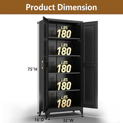 Kitchen Pantry Cabinet, 75" H Metal Storage Cabinet with Doors and Shelves, 4 Standing Feet, Cupboard for Kitchen, Dining, Living Room, 16" D x 32" W x 75" H, Black, Assembly Required