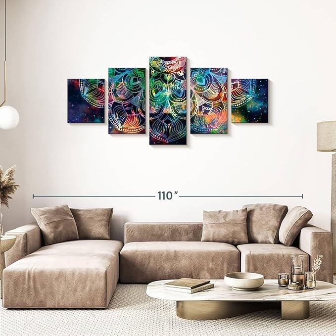 ElephantStock - Celestial Mandala Wall Art - Horizontal Multi Panel Canvas - 5 Piece Living Room Wall Decor - Digital Art Elements Multi Piece Wall Art - Turquoise And Blue Decor - 80" x 36"