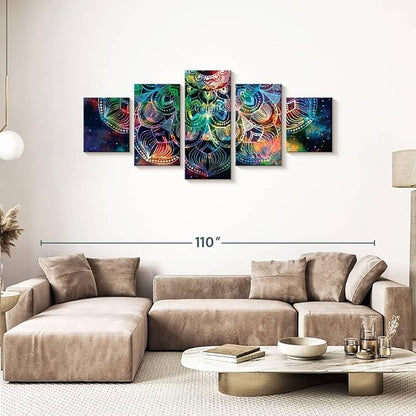 ElephantStock - Celestial Mandala Wall Art - Horizontal Multi Panel Canvas - 5 Piece Living Room Wall Decor - Digital Art Elements Multi Piece Wall Art - Turquoise And Blue Decor - 80" x 36"