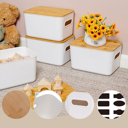 Citylife Storage Bins with Bamboo Lids 6QT Plastic Storage Containers Stackable Organizer Boxes with Handle for Desk Snacks, Toys, 4 PCS, 10" L x 7" W x 6.18" H
