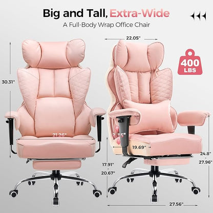 COMHOMA Desk Office Chair Big and Tall Office Chairs Ergonomic Gaming Chairs with Wide Seat Leather High Back Chair with Foot Rest Adjustable Armrests Pocket Spring Lumbar Support