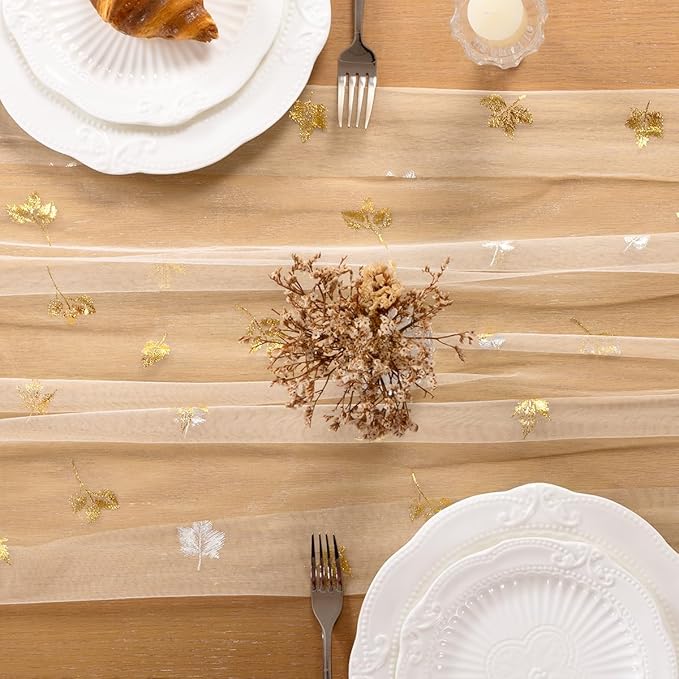 Maple Gold Table Runner for Thanksgiving - Sheer Gauze Cheesecloth 120 Inch with Glitter Harvest Table Decor for Family Feasts Dining Room Home Celebration - Beige