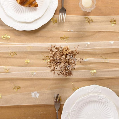 Maple Gold Table Runner for Thanksgiving - Sheer Gauze Cheesecloth 120 Inch with Glitter Harvest Table Decor for Family Feasts Dining Room Home Celebration - Beige