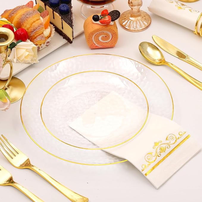 150 Pcs Plastic Dinnerware Set Disposable for 25 Guests - Clear Plates with Gold Trim, Fancy Plastic Plates for Party Wedding Birthday Christmas