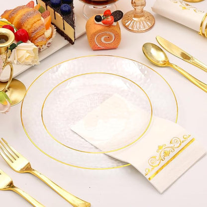 150 Pcs Plastic Dinnerware Set Disposable for 25 Guests - Clear Plates with Gold Trim, Fancy Plastic Plates for Party Wedding Birthday Christmas