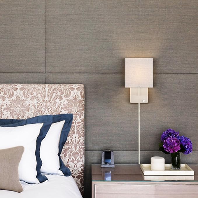 YUBOLE Modern Wall Sconces Brushed Nickel-Plug in(Received Version) and Hardwired Design Wall Light with Dimmable Switch for Bedroom Bathroom Set of 2