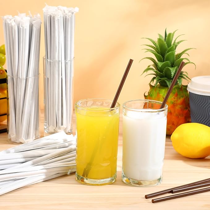 Hoolerry 2000 Pcs 8 Inch Plastic Straws Disposable Individually Wrapped Drinking Straight Long Straws, 0.24" Wide, for Hot and Cold Beverages (Coffee Color)