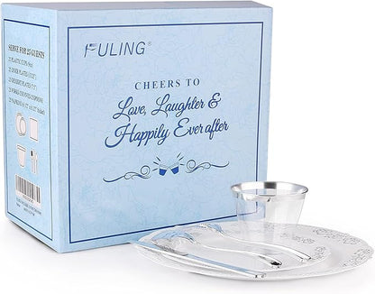 FULING 175 Pieces Silver White Dinnerware Set For 25 Guest Disposable Tableware Plastic Cutlery 5-Sets, With 12oz Cups, Knife, Fork, Spoon, Dinner Paper Each 25 Pieces For Wedding, Birthday, Party