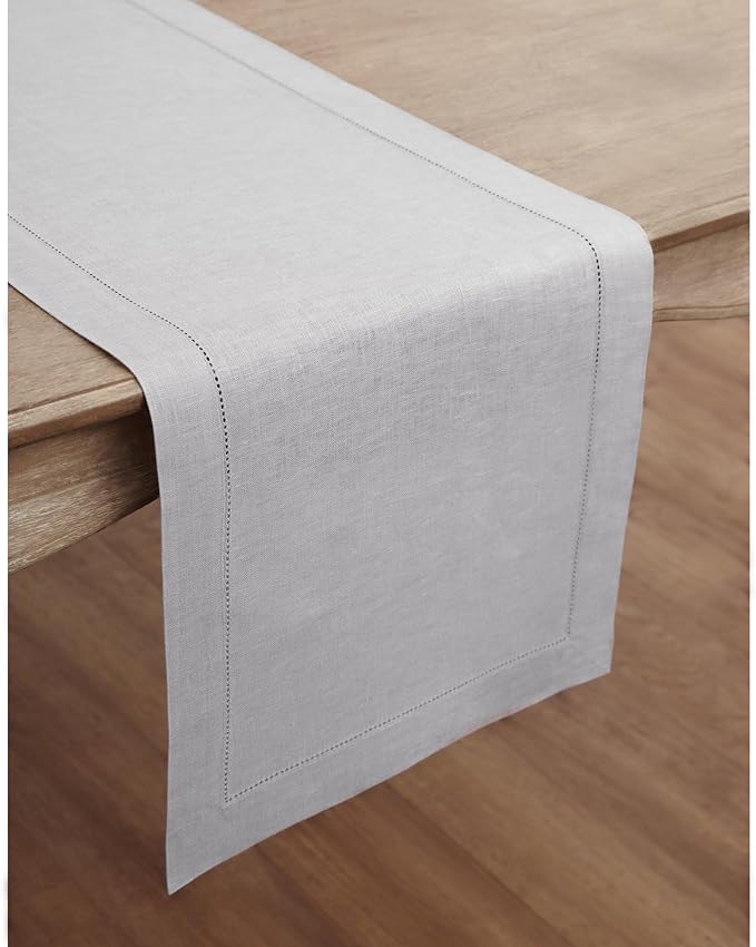 Solino Home Linen Soft Grey Table Runner 90 Inches Long - 100% Pure Linen Hemstitch 14 x 90 Inch Table Runner for Dining, Fall, Autumn, Christmas, New Year - Classic Hemstitch
