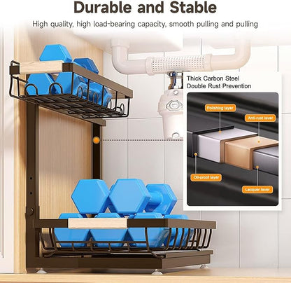 2 Packs Under Sink Organizer, Height Adjustable 2 Tier Under Kitchen Sink Organizer, Multi-Purpose Storage Shelf for Kitchen Bathroom Cabinet (Brown, Extra Large)