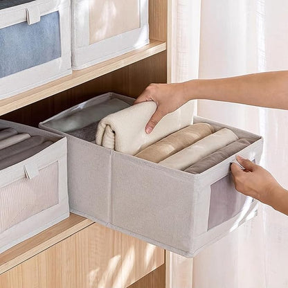 Linen Closet Organizers And Storage, 4 Pack Storage Bins Baskets for Organization Foldable Organizer with Clear Window Organizing Clothing, Jeans, Shelves