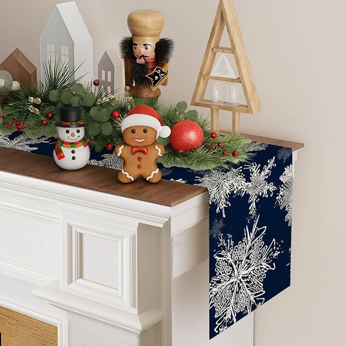 Blue Snowflake Table Runner 13x72 Inch Winter Table Runner Burlap Winter Holiday Dining Tables Decoration with White Snow Patterns Christmas Tablecloth for Kitchen Dining Home Party Decor