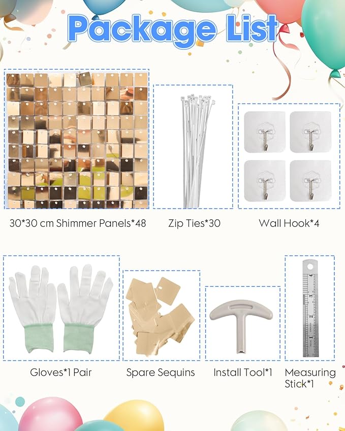 Light Gold Shimmer Wall Backdrop 48 Panels Cover 8 x 6 Ft, Photo Backdrops for Wedding,Anniversary,Birthday,Party Decoration