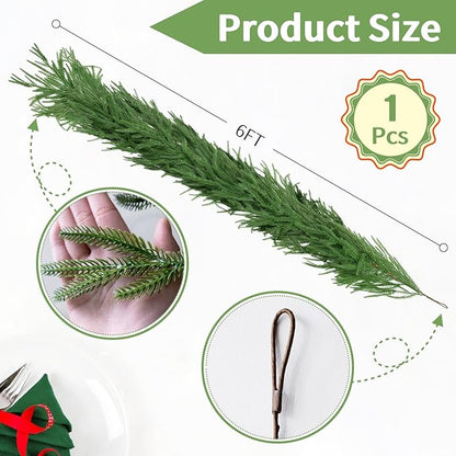6FT Christmas Garland Artificial Norfolk Pine Garlands Real Touch Winter Green Greenery Garland Christmas Decoration Xmas Garland for Door Table Mantle Wall Indoor Outdoor Christmas Decor