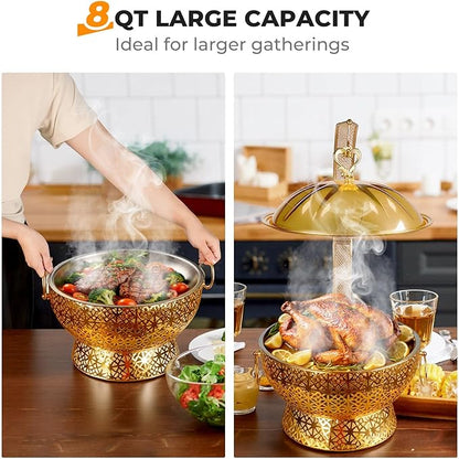 8QT Golden Chafing Dishes for Buffet, Round Stainless Steel Chafing Dish Set for Parties, Christmas Gatherings, Home, Catering Events Complete Buffet Warmer Colder Set (2)