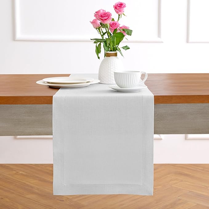 Solino Home Linen Table Runner 36 Inches - 100% Pure Linen Silver Cloud Table Runner 14 x 36 Inch Ideal for Dresser and Coffee Tables - Fall, Autumn - Fete