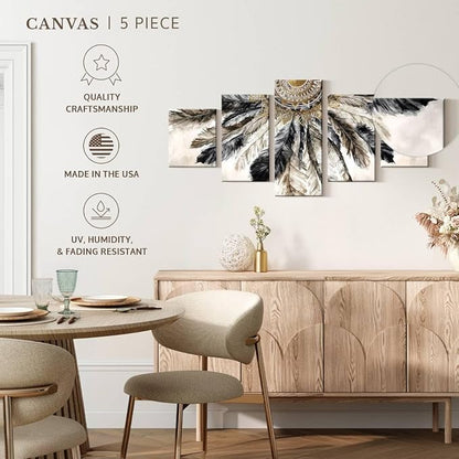 ElephantStock - Necklace Of Feathers Iii Wall Art - Horizontal Multi Panel Canvas - 5 Piece Living Room Wall Decor - Painting Multi Piece Wall Art - Brown And Gray Decor by Eva Watts - 80" x 36"