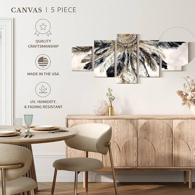 ElephantStock - Necklace Of Feathers Iii Wall Art - Horizontal Multi Panel Canvas - 5 Piece Living Room Wall Decor - Painting Multi Piece Wall Art - Brown And Gray Decor by Eva Watts - 68" x 30"