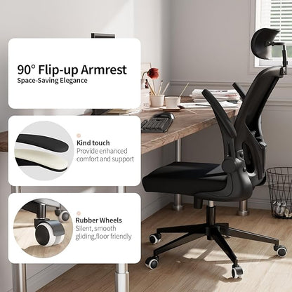 Monhey Office Chair Ergonomic Desk Chair with Lumbar Support&Headrest&Flip-up Arms Height Adjustable Rocking Swivel High Computer Chair Multi-Angle from 90° to 125° with 350LBS Capacity (03All Black)
